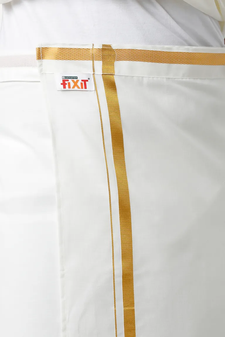 Premium - Cream Shirt And Fixit Gold Jari Dhoti Set For Men | Uathayam