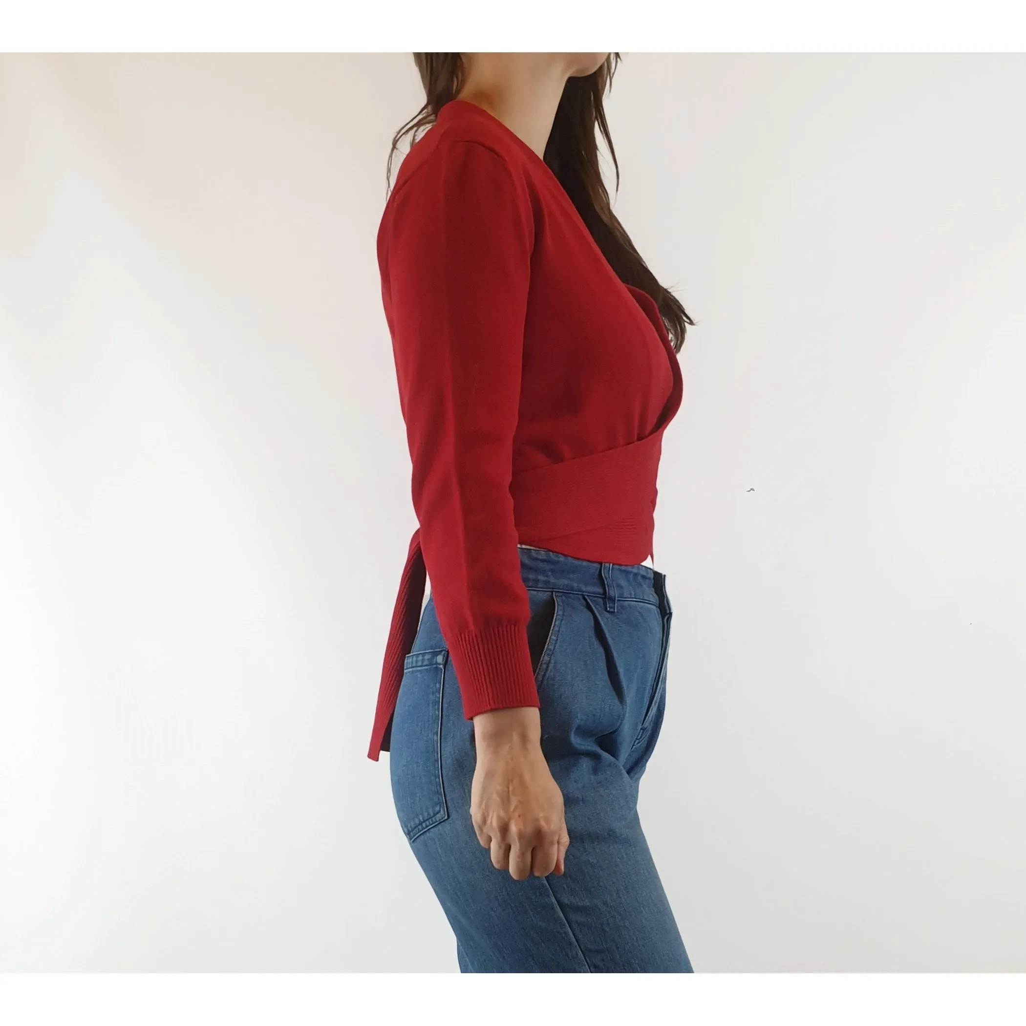 Princess Highway red cotton knit cropped ballerina wrap style cardigan size 8