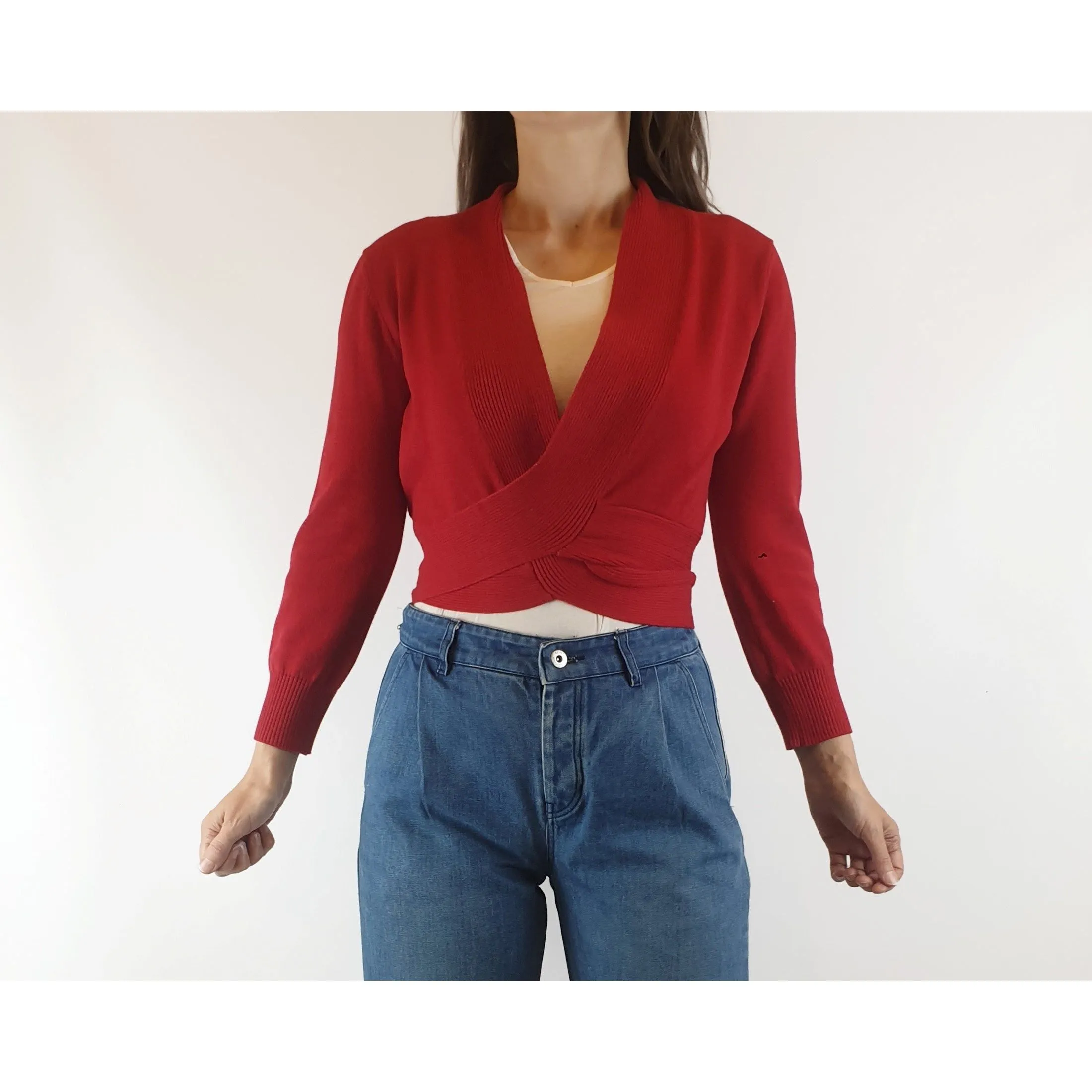 Princess Highway red cotton knit cropped ballerina wrap style cardigan size 8