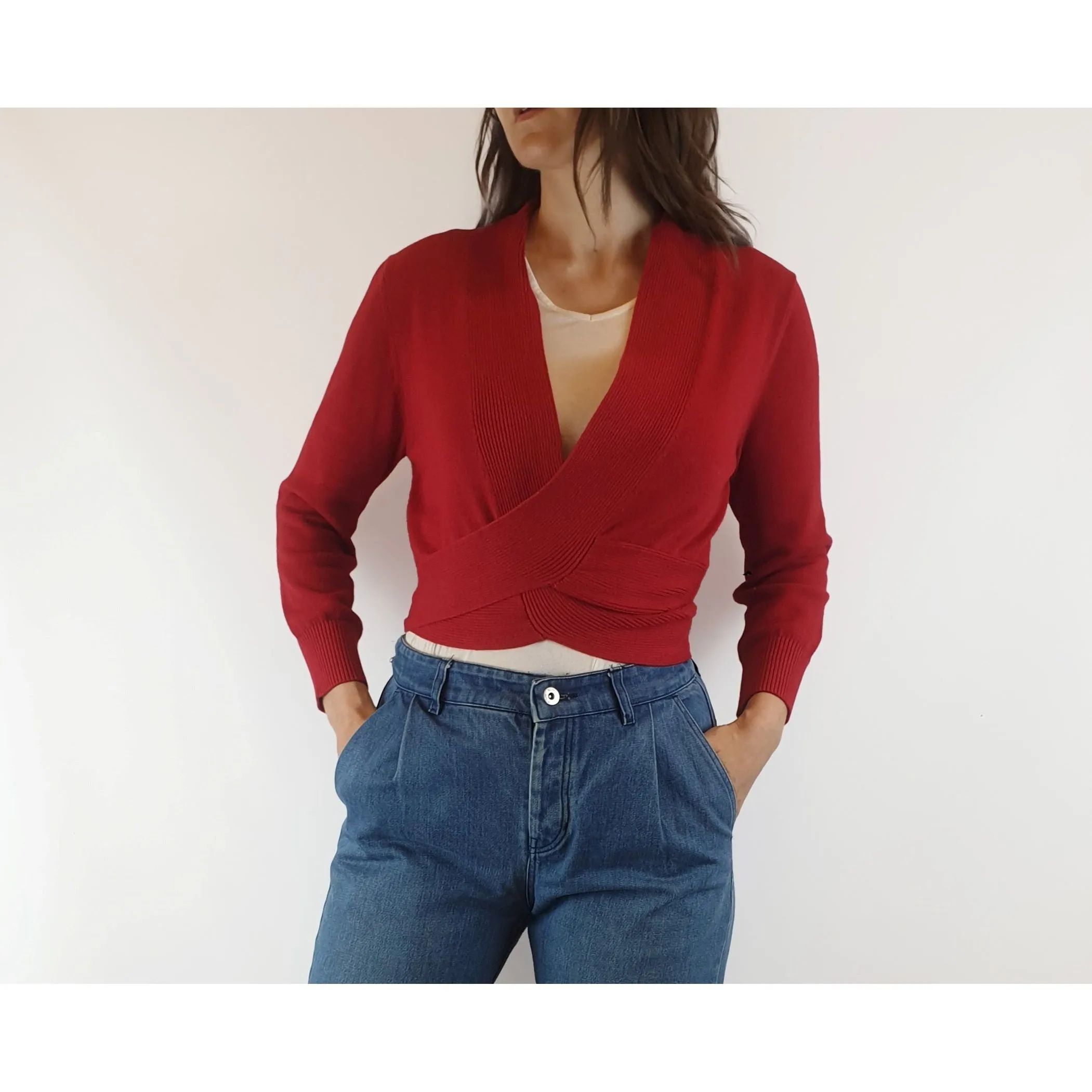 Princess Highway red cotton knit cropped ballerina wrap style cardigan size 8