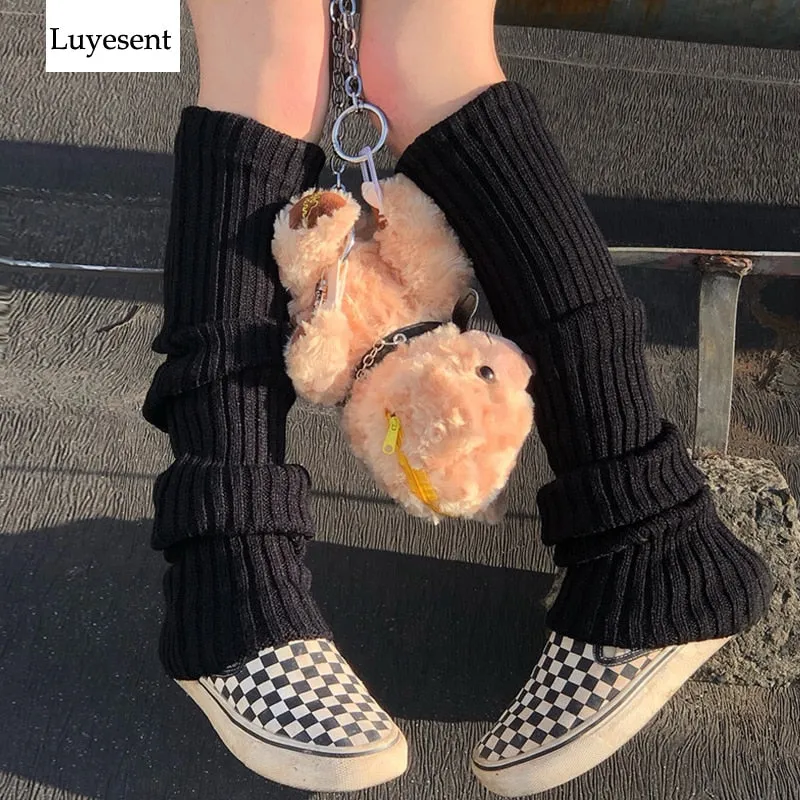 Punk Solid Black Cool Knit Long Socks Women Outdoor Knee High Elastic Leg Warmers 2021 Lady Warm Slim Gothic Hip-hop Rock Sock