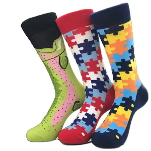 Puzzle Leaf Printed Mens Colorful Crew Socks - Premium Cotton Fun socks with Soft Elastic - 3 Pack