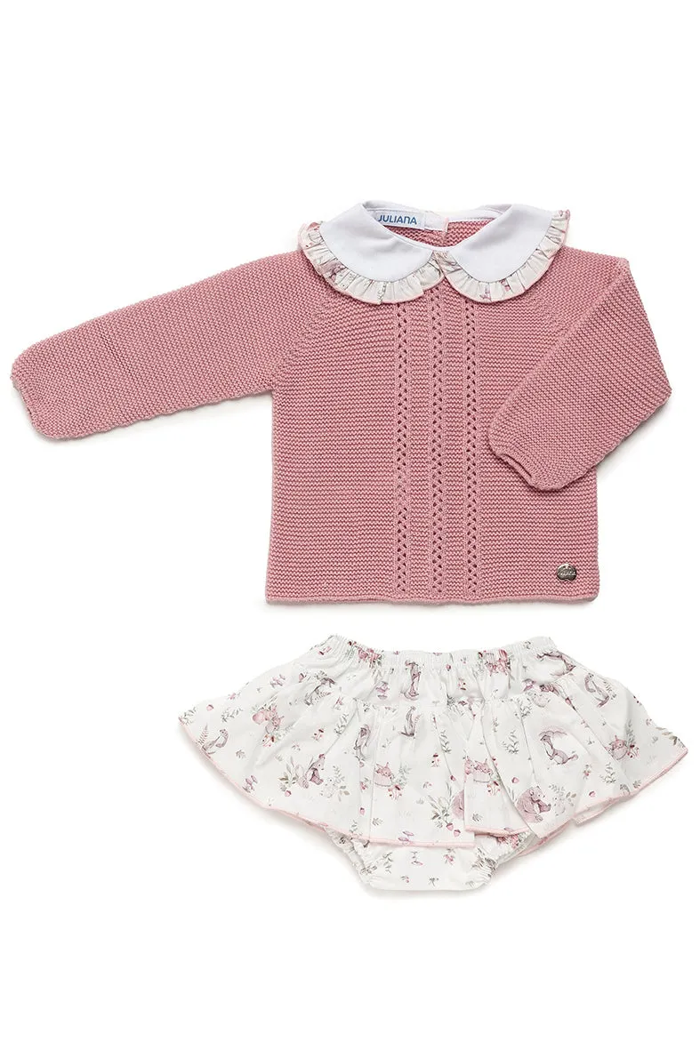 "Lottie" Dusky Pink Forest Animals Knit Top & Skirt