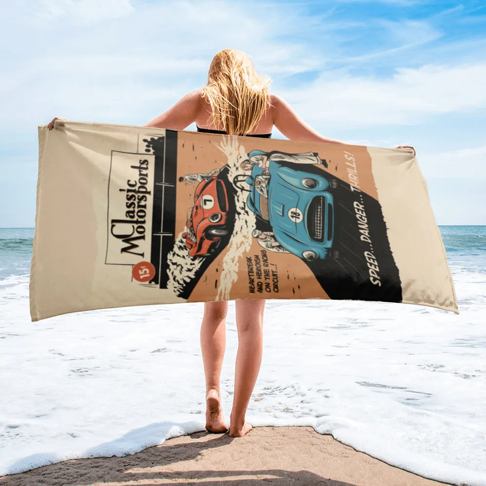 "Speed... Danger... Thrills!" Vintage Racing Design Beach Towel