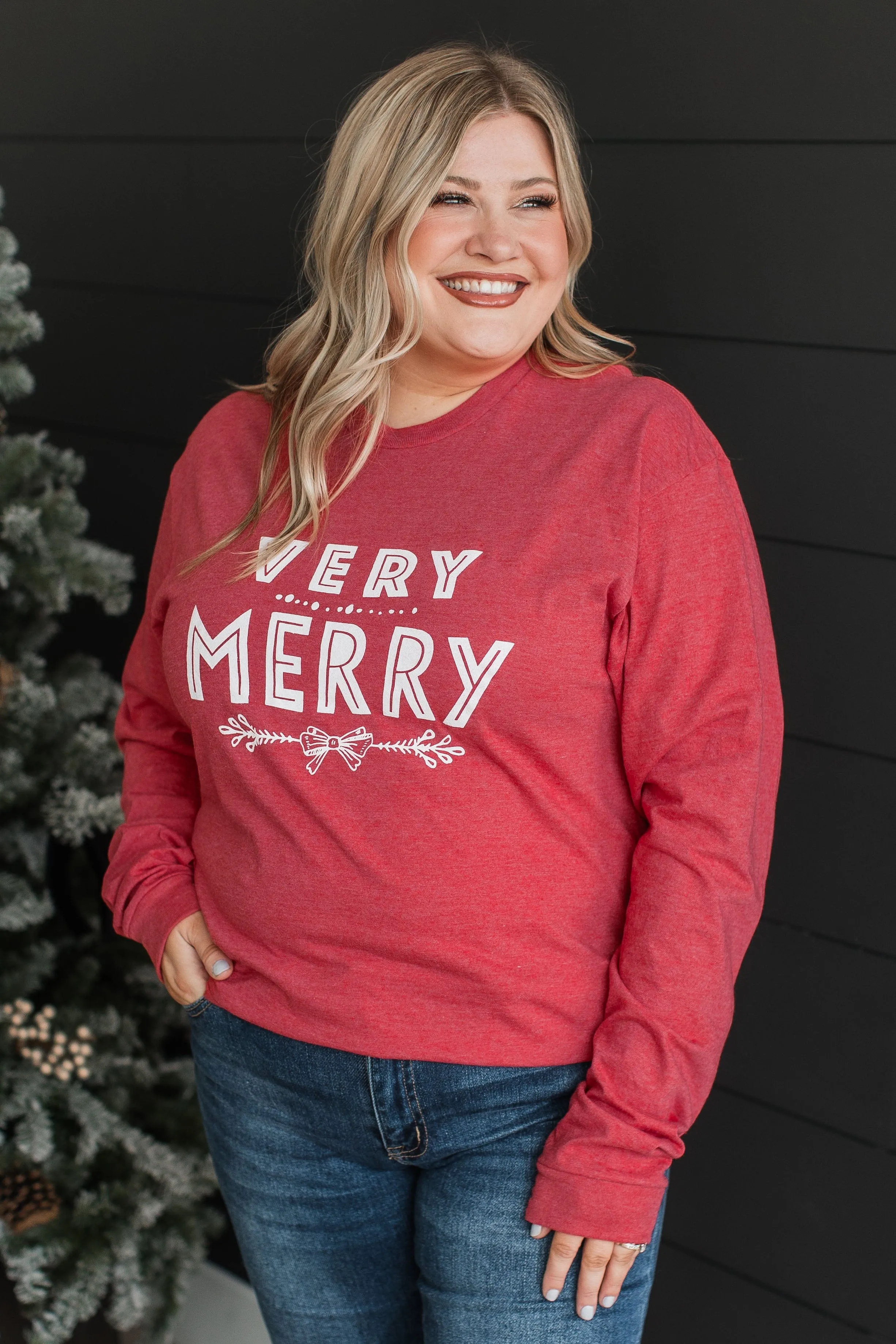 "Very Merry" Long Sleeve Graphic Top- Red