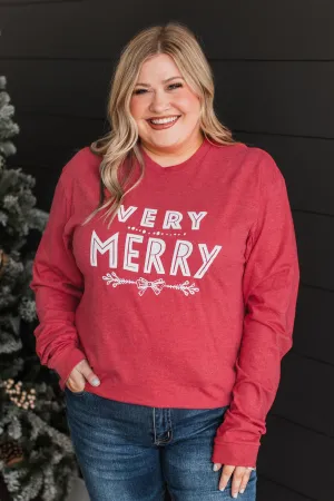"Very Merry" Long Sleeve Graphic Top- Red