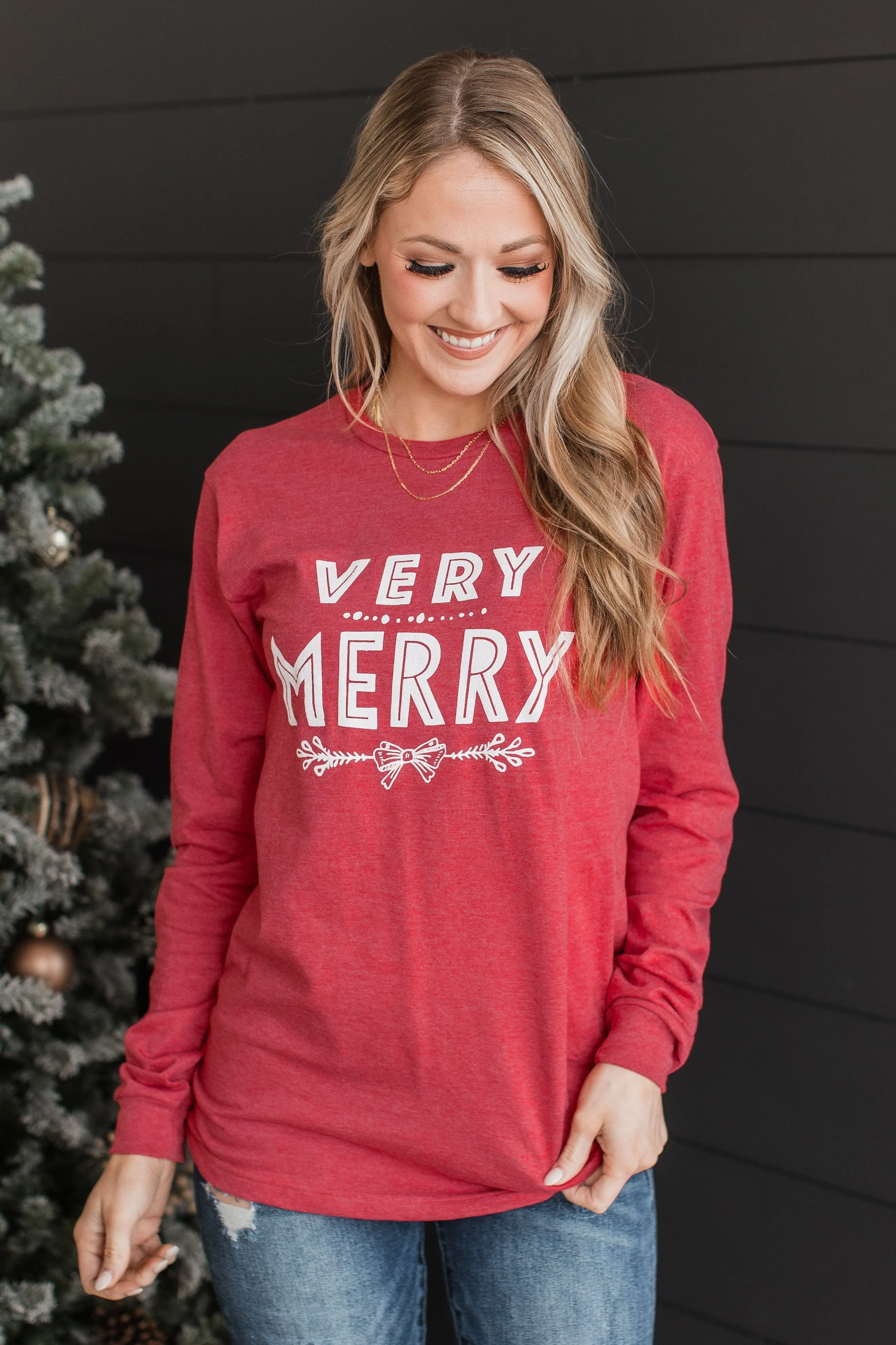 "Very Merry" Long Sleeve Graphic Top- Red