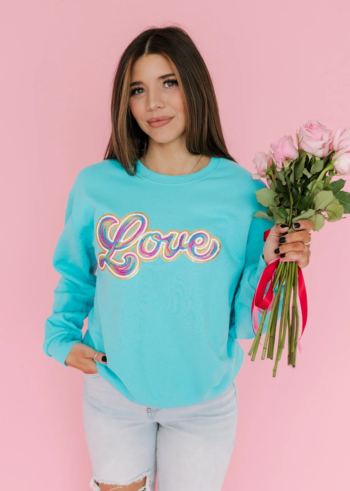 Rainbow Love Sequin Patch Scuba Blue Sweatshirt