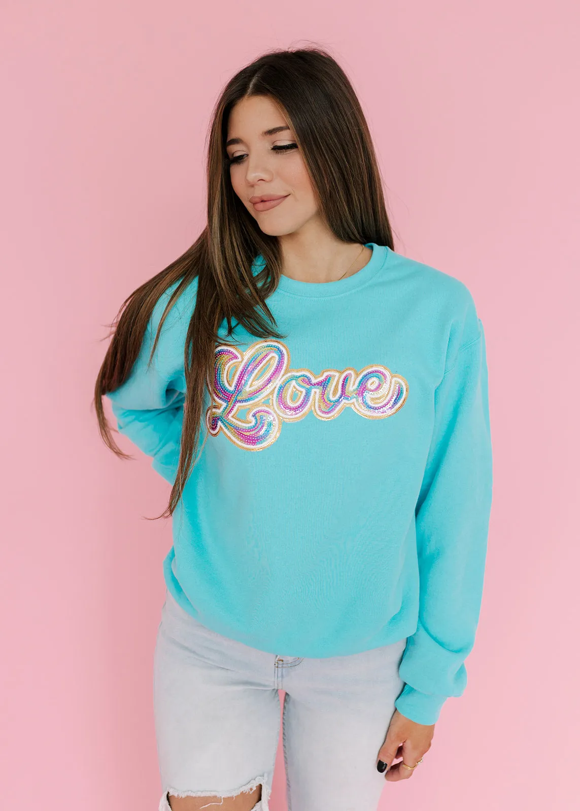 Rainbow Love Sequin Patch Scuba Blue Sweatshirt