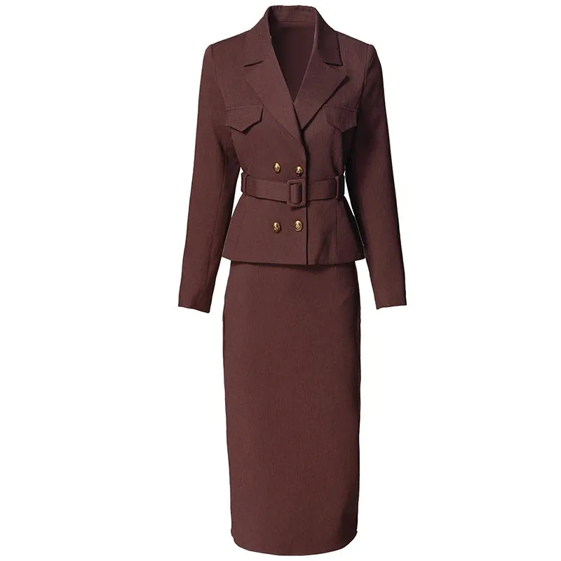Raven Double Breasted Top   Pencil Skirt Office Lady 2 Pieces Set