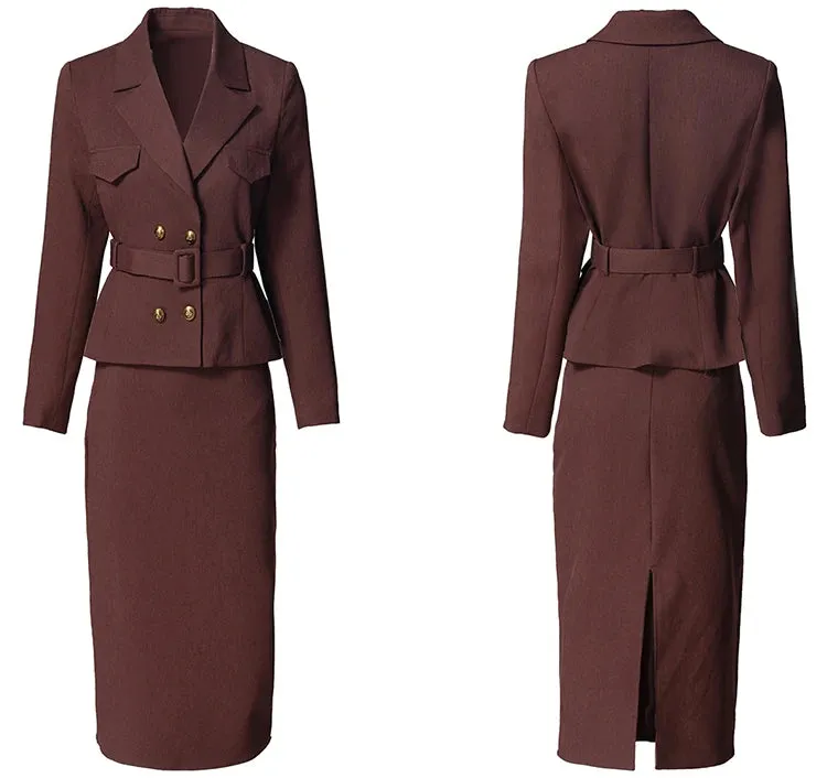 Raven Double Breasted Top   Pencil Skirt Office Lady 2 Pieces Set