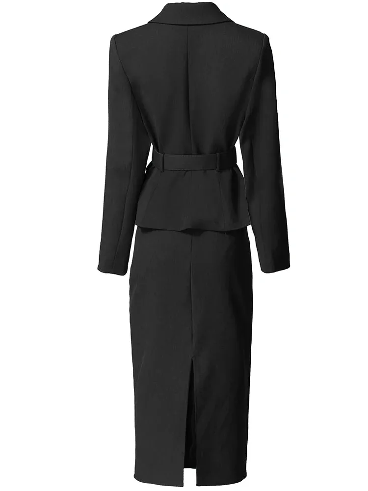 Raven Double Breasted Top   Pencil Skirt Office Lady 2 Pieces Set