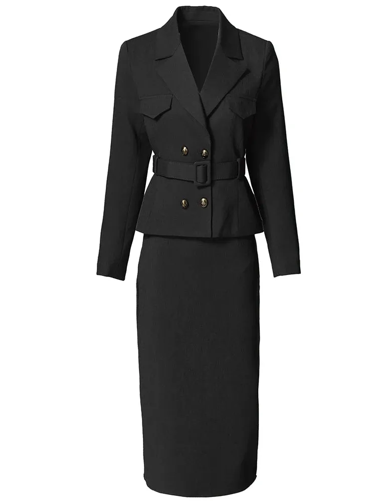 Raven Double Breasted Top   Pencil Skirt Office Lady 2 Pieces Set