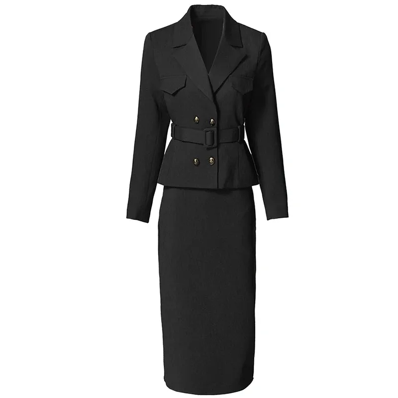 Raven Double Breasted Top   Pencil Skirt Office Lady 2 Pieces Set