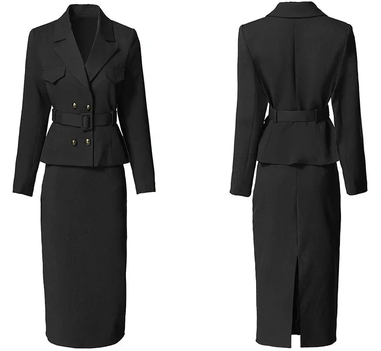 Raven Double Breasted Top   Pencil Skirt Office Lady 2 Pieces Set