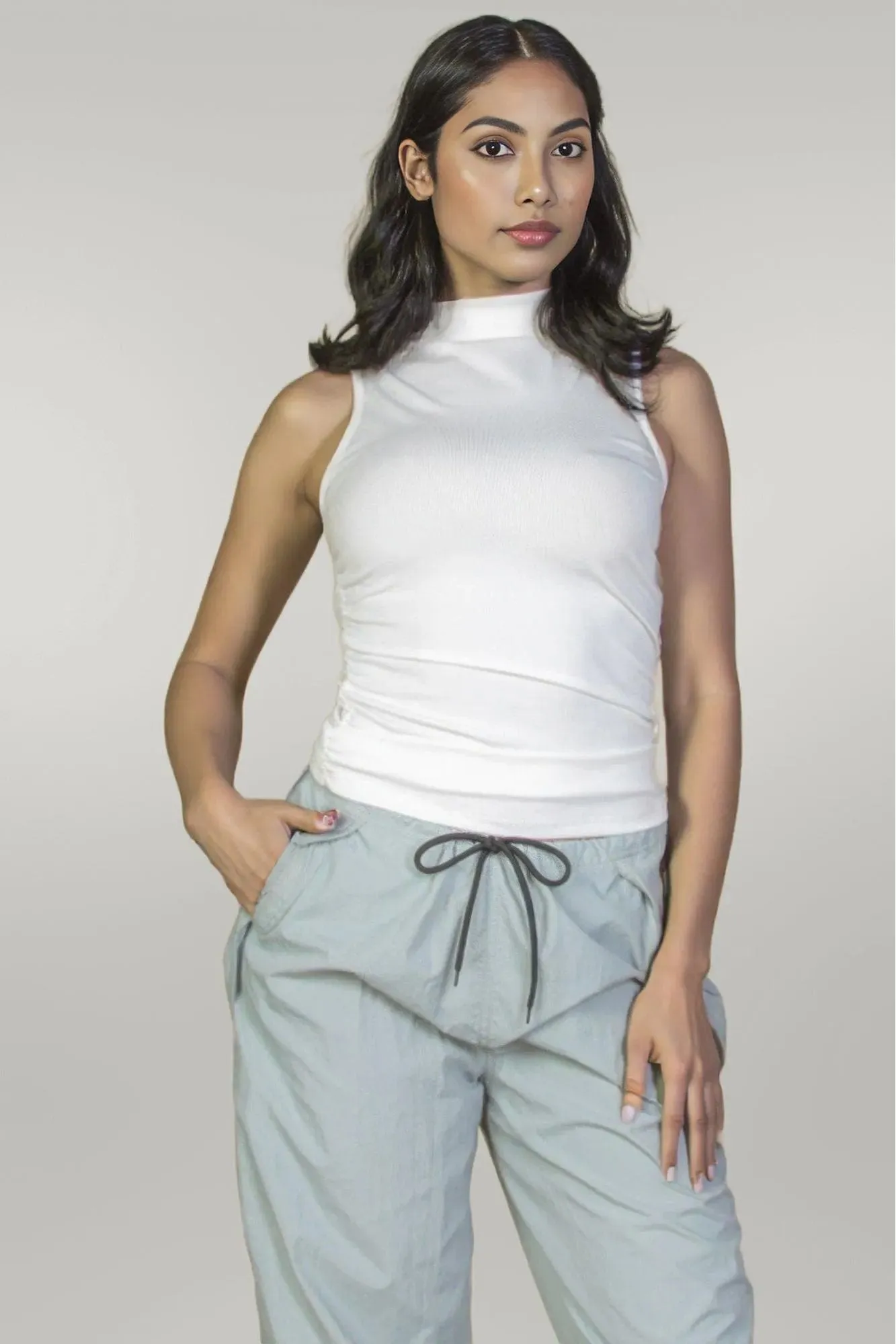 Ribbed Knit Ruched Side Sleeveless Top