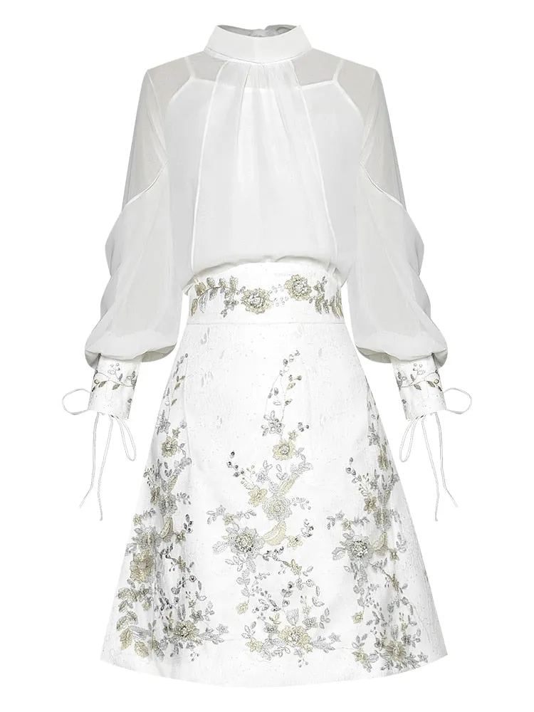 Rizo Sleeve Shirt Tops Embroidery Sequins Skirt Two-piece set