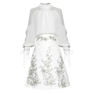 Rizo Sleeve Shirt Tops Embroidery Sequins Skirt Two-piece set