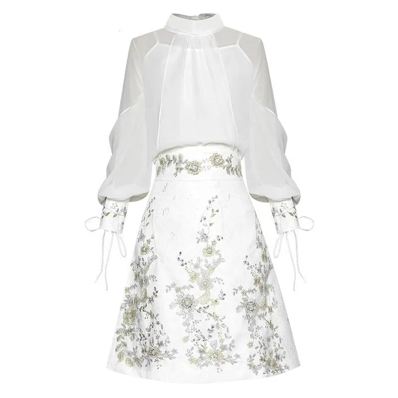 Rizo Sleeve Shirt Tops Embroidery Sequins Skirt Two-piece set