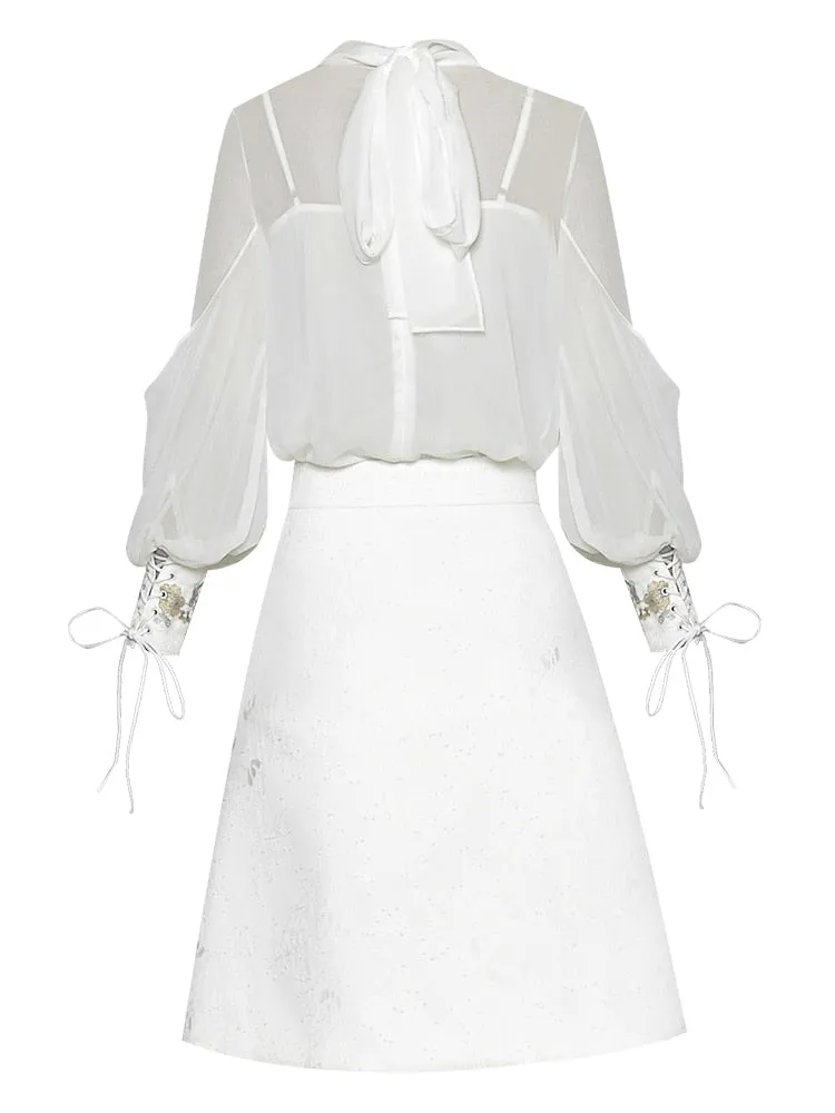 Rizo Sleeve Shirt Tops Embroidery Sequins Skirt Two-piece set