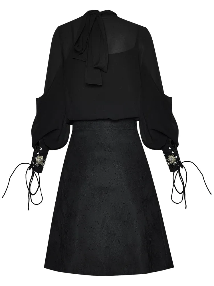 Rizo Sleeve Shirt Tops Embroidery Sequins Skirt Two-piece set