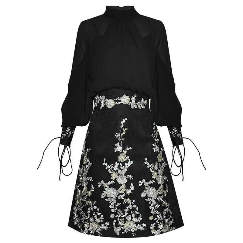 Rizo Sleeve Shirt Tops Embroidery Sequins Skirt Two-piece set