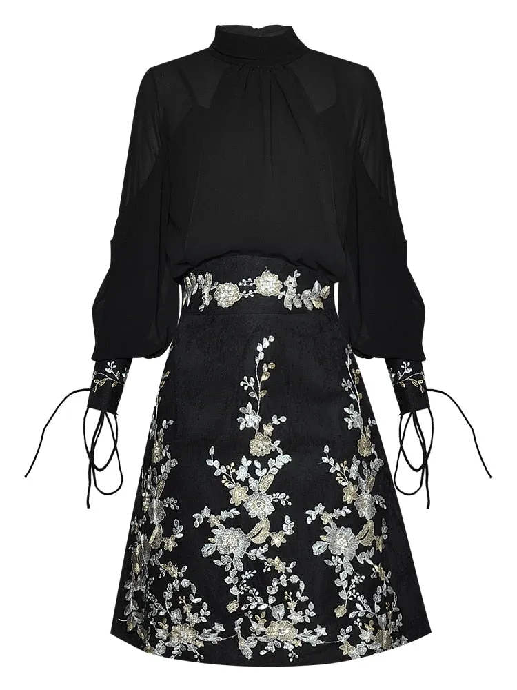 Rizo Sleeve Shirt Tops Embroidery Sequins Skirt Two-piece set