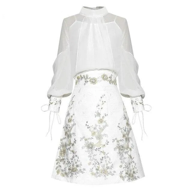 Rizo Sleeve Shirt Tops Embroidery Sequins Skirt Two-piece set