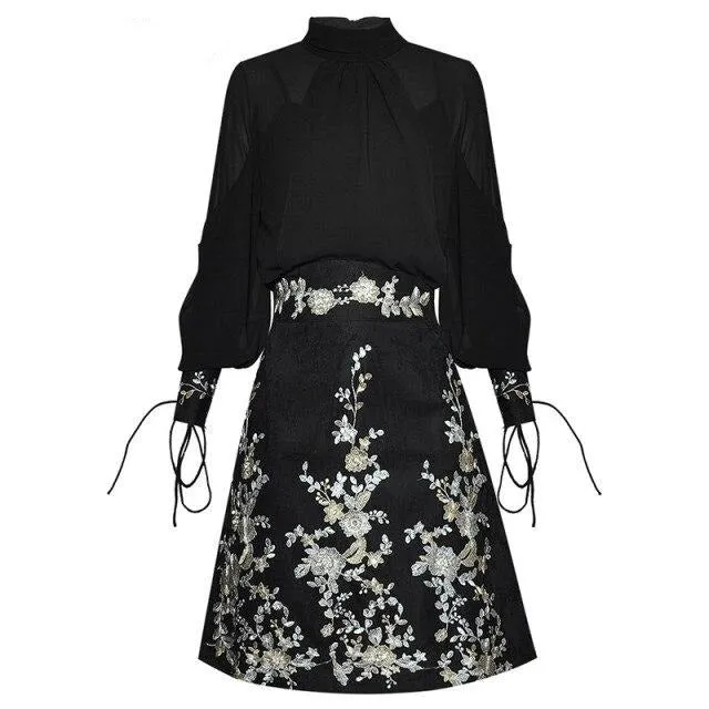 Rizo Sleeve Shirt Tops Embroidery Sequins Skirt Two-piece set