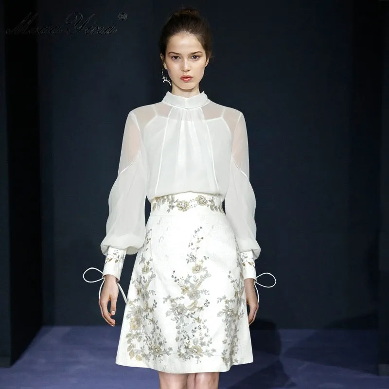 Rizo Sleeve Shirt Tops Embroidery Sequins Skirt Two-piece set