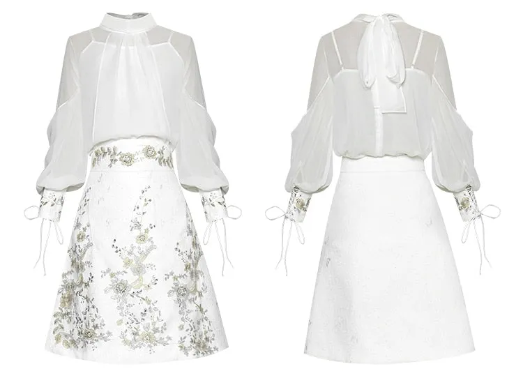 Rizo Sleeve Shirt Tops Embroidery Sequins Skirt Two-piece set