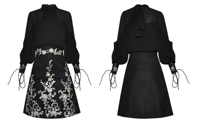 Rizo Sleeve Shirt Tops Embroidery Sequins Skirt Two-piece set