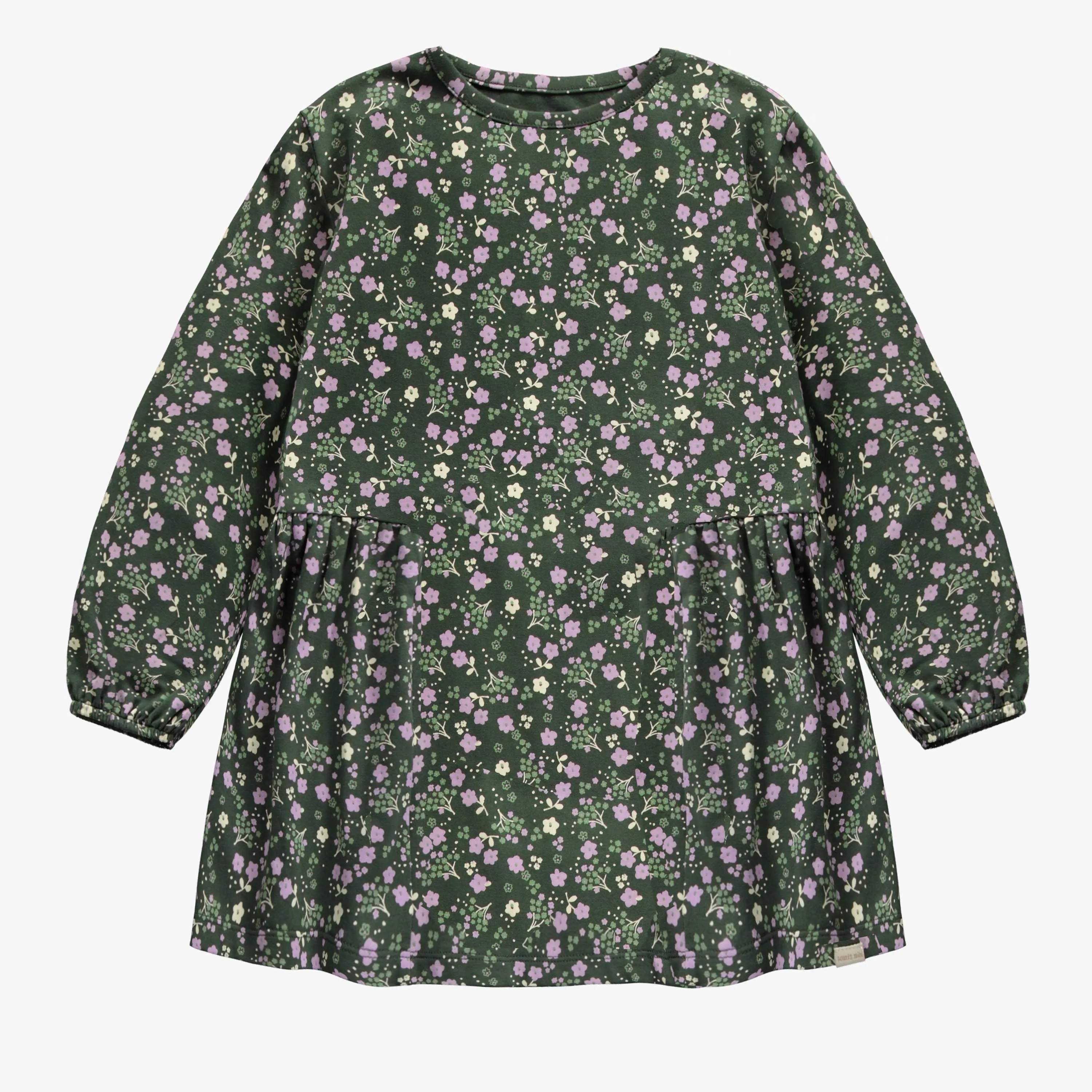 Robe de coupe évasée manches longues vert foncé fleuri en jersey, enfant || Dark green flowery dress of flared fit and long sleeves in jersey, child