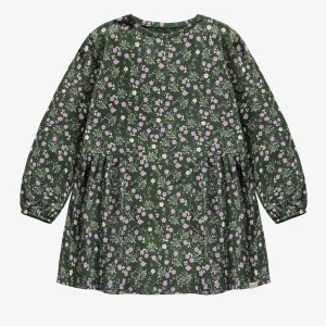 Robe de coupe évasée manches longues vert foncé fleuri en jersey, enfant || Dark green flowery dress of flared fit and long sleeves in jersey, child