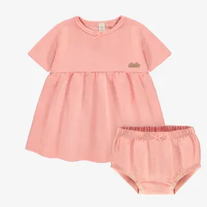 Robe manches courtes et bloomer corail en coton biologique, naissance || Coral short sleeves dress and bloomer in organic cotton, newborn