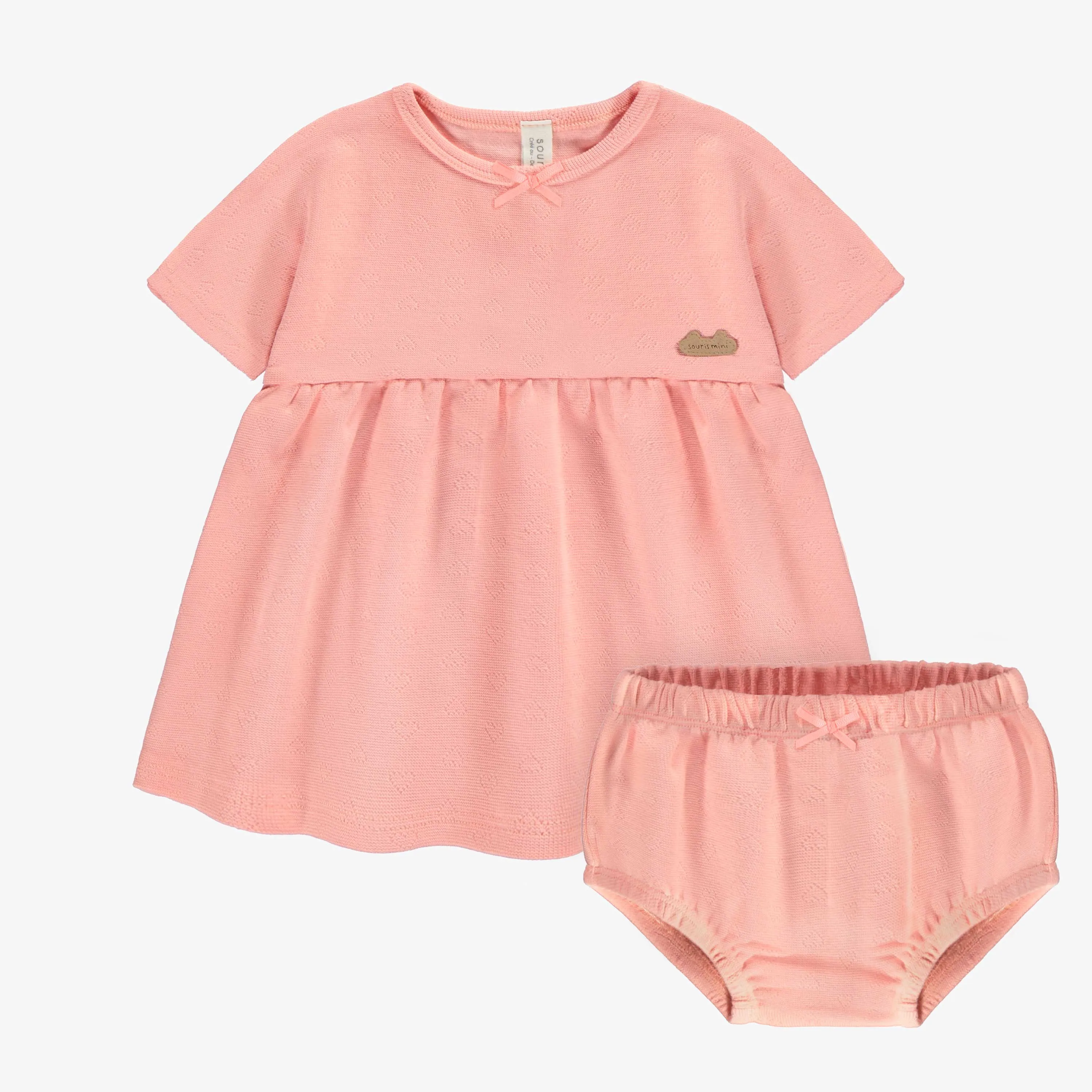 Robe manches courtes et bloomer corail en coton biologique, naissance || Coral short sleeves dress and bloomer in organic cotton, newborn
