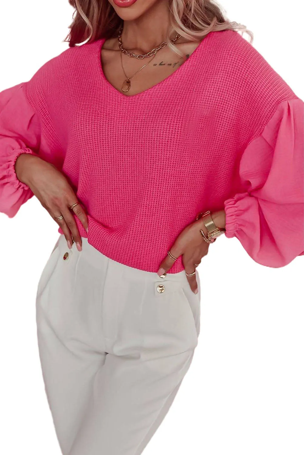 Rose Long Balloon Sleeve Splicing Textured Top
