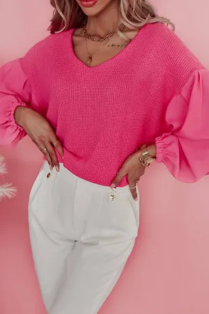 Rose Long Balloon Sleeve Splicing Textured Top