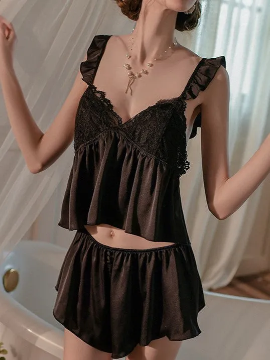 Ruffle Straps Lace-Trim Cami Set