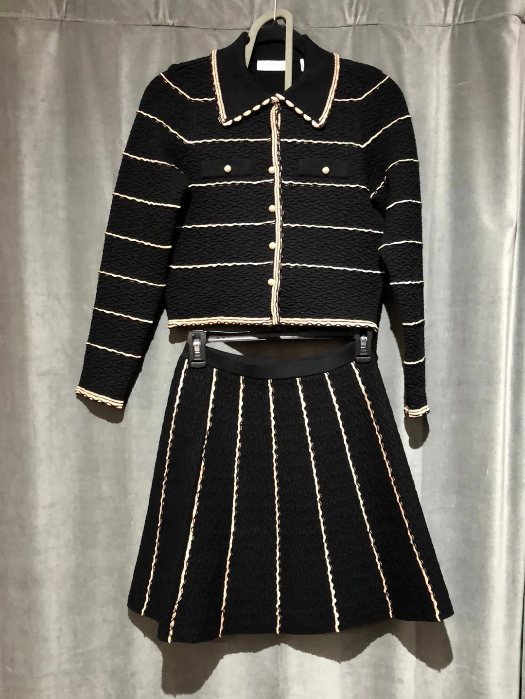 Sandro Two Peice Set Collared Black Knit Sweater and Flare mini Skirt