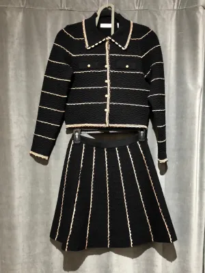 Sandro Two Peice Set Collared Black Knit Sweater and Flare mini Skirt