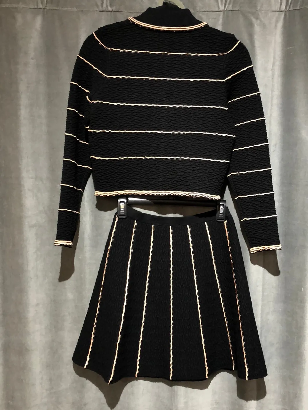Sandro Two Peice Set Collared Black Knit Sweater and Flare mini Skirt