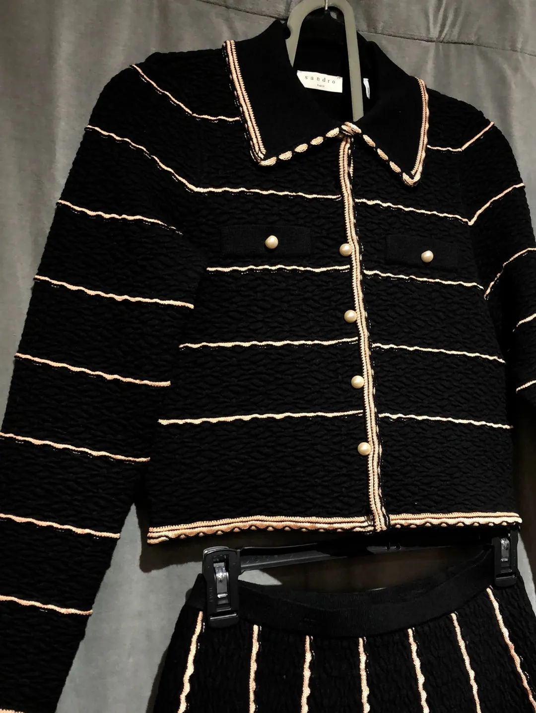 Sandro Two Peice Set Collared Black Knit Sweater and Flare mini Skirt