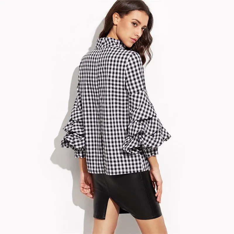 Sarah Gingham High Neck Ruffle Plaid Blouse