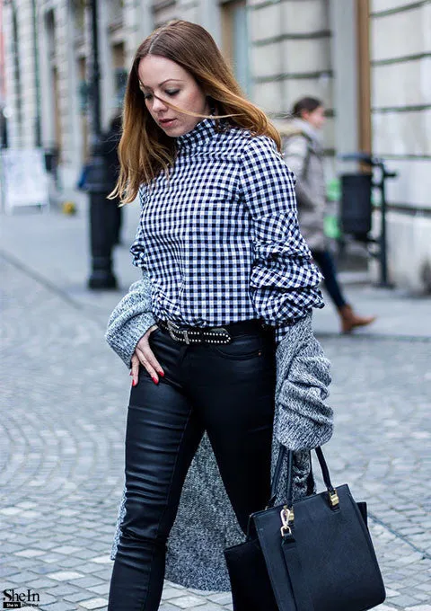 Sarah Gingham High Neck Ruffle Plaid Blouse