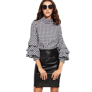 Sarah Gingham High Neck Ruffle Plaid Blouse