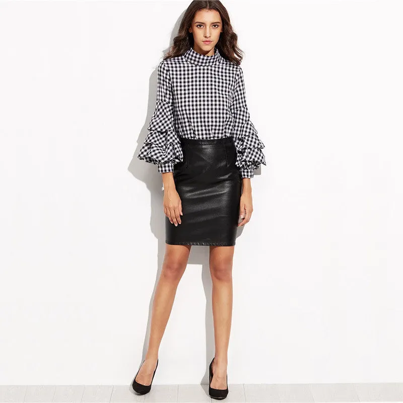 Sarah Gingham High Neck Ruffle Plaid Blouse