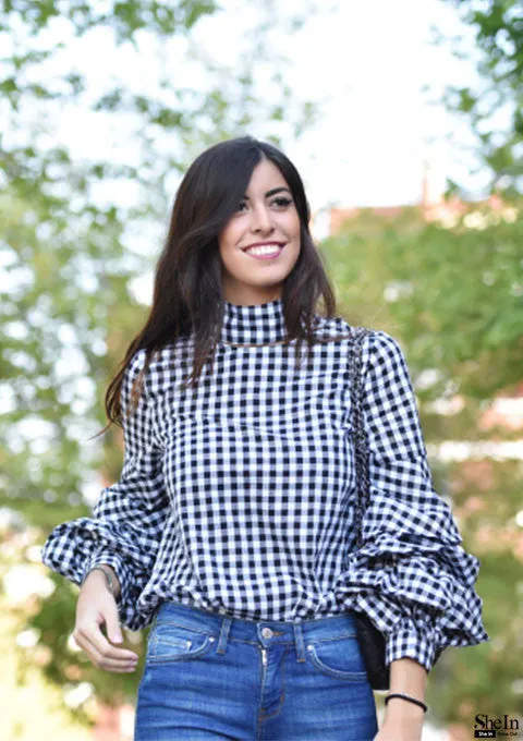 Sarah Gingham High Neck Ruffle Plaid Blouse