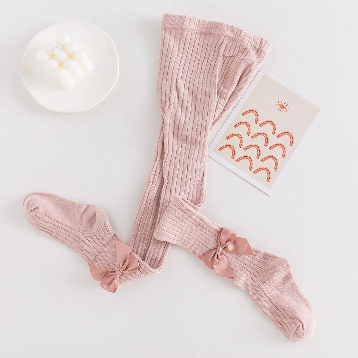 Seamless Cable Knit Tights with Bow for Baby Girls