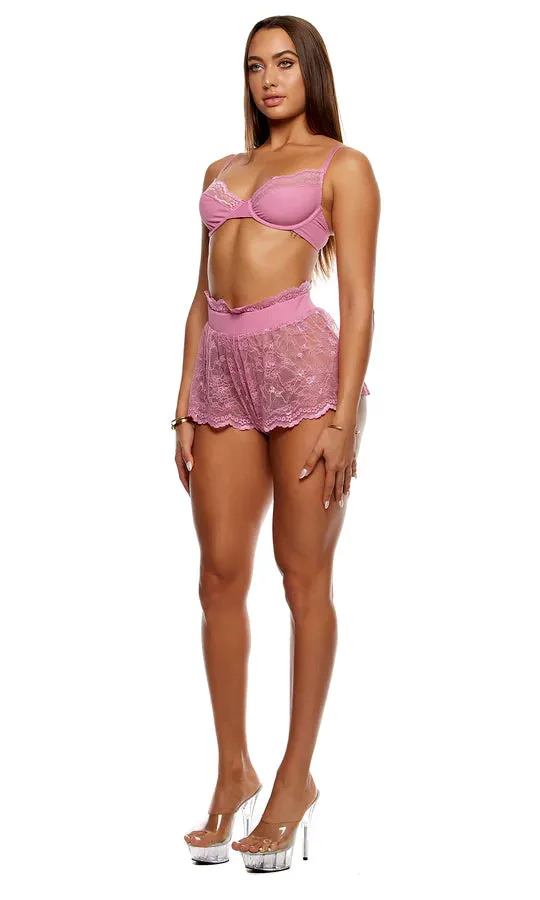 Self Care Ribbed Lace Bra & Shorts Set